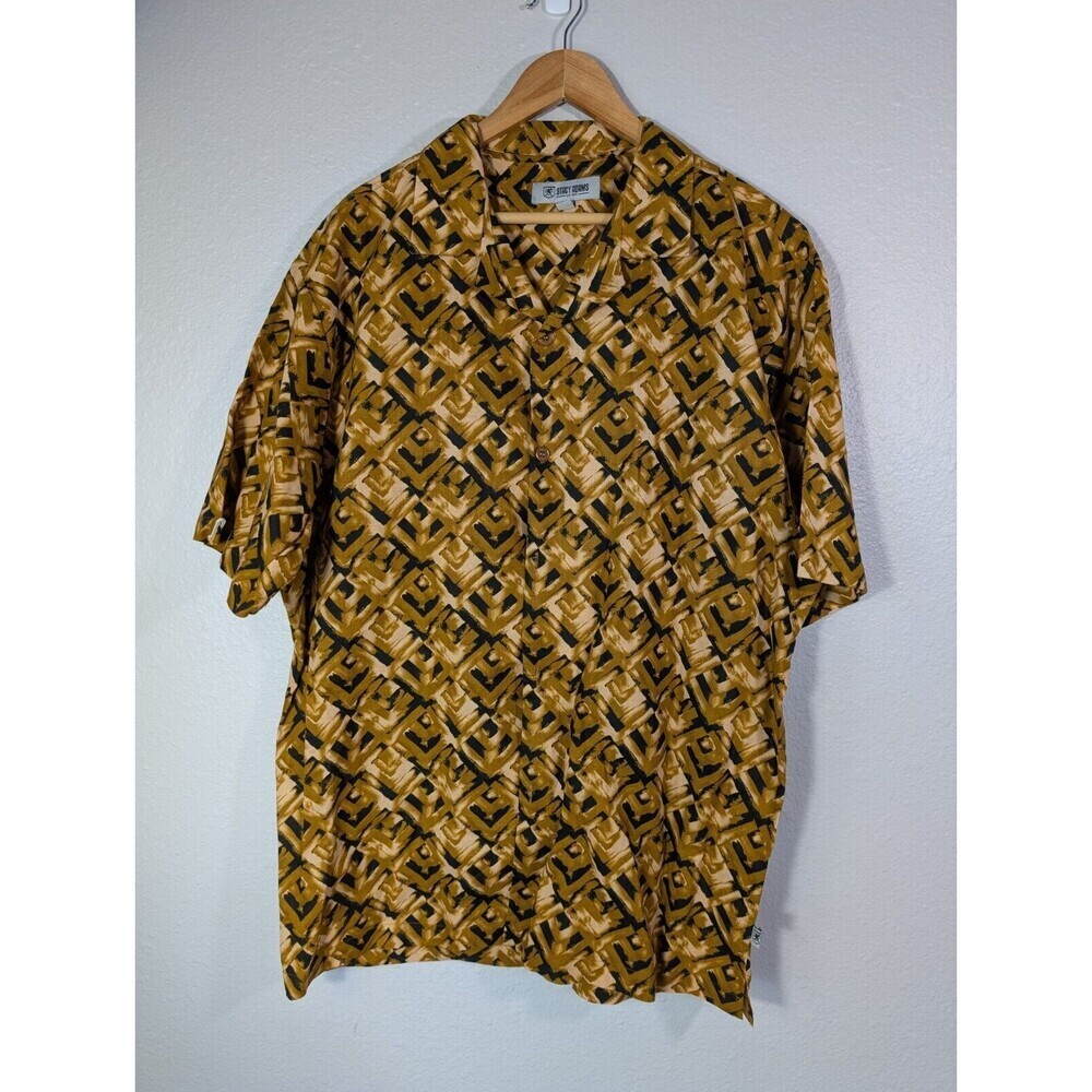 Stacey‎ Adams geometric button down men’s  brown shirt Size XXL Linen Blend 108